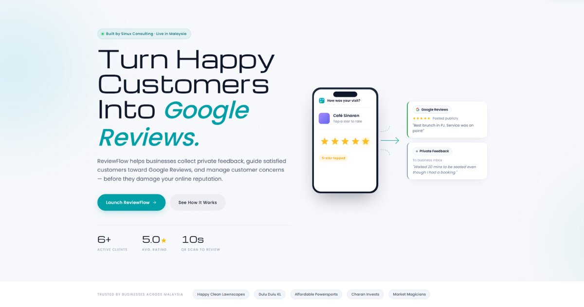 ReviewFlow (reviewflow.my) — website screenshot built by Sinux Consulting